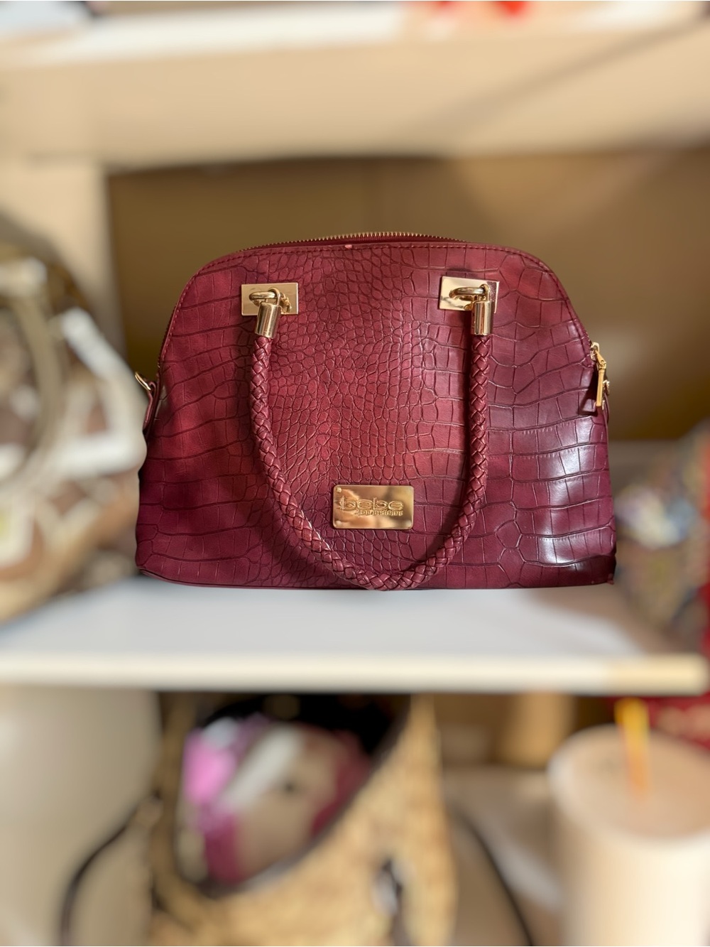 Bebe Faux Croc Embossed Burgundy Satchel